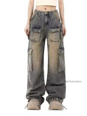 Womens Cargo Jeans Straight Wide Leg Baggy Denim Flap Pocket Relaxed Fit